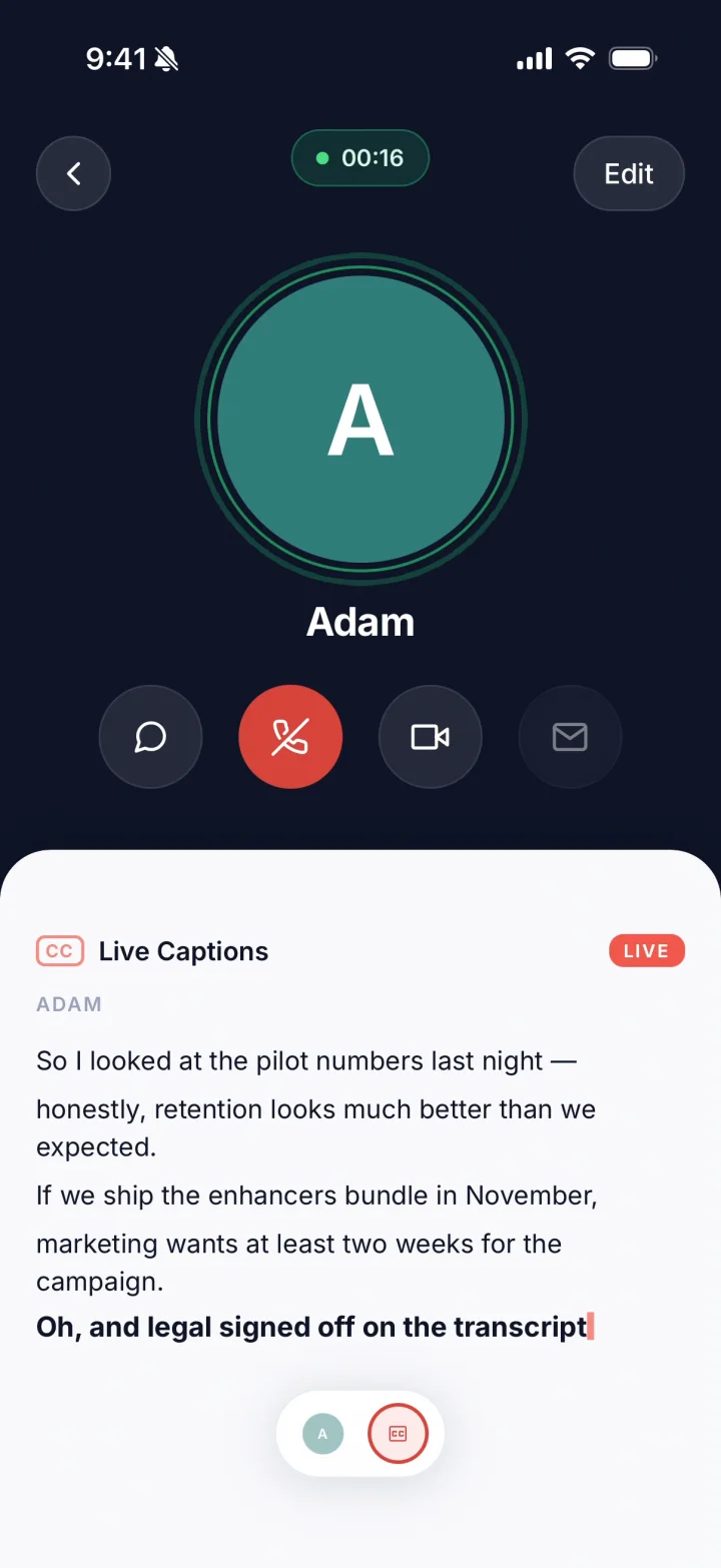 A Twine call in progress with Live Captions transcribing the conversation on screen