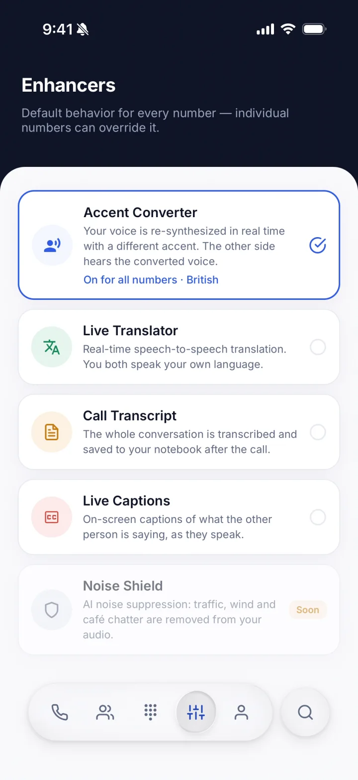 Twine Enhancers settings, showing Accent Converter, Live Translator, Call Transcript, Live Captions and Noise Shield